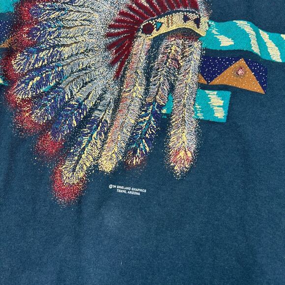 Vintage 90s Arizona Indian Chief Feathers Graphic Tee T-Shirt Blue Adult Large - Picture 4 of 6